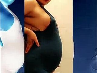 Hot Spanish pregnant housewife flashes small waist in homemade video