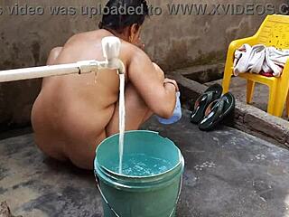 Naked Beauty Bathing Outdoors with Big Boobs and Cute Pussy