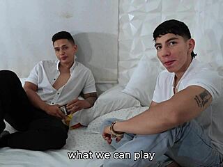 Latina With Perfect Figure Enjoys Attention From Two Bodybuilders At The Party.