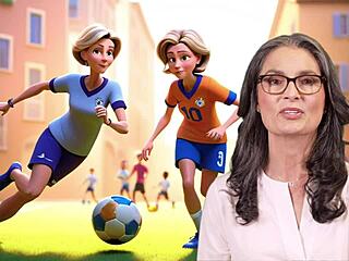 European mom and stepson enjoy playing football together. ⚽