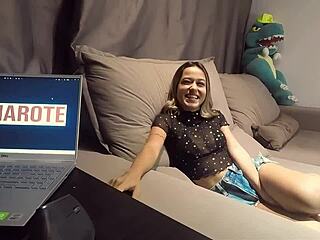 Blonde Teen Exhibitionist Flashes And Sucks In Ripped Clothes On Sofa