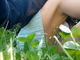 Whore boldly pisses and burps in the public park, flaunting her bare pussy without any underwear