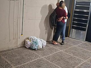 Blonde student secretly rides classmate doggystyle behind school, craving natural tits action