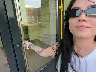 Boldly eating out a tattooed blue-eyed friend with big natural tits at the bus stop party