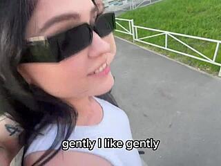 Boldly eating out a tattooed blue-eyed friend with big natural tits at the bus stop party