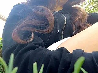 Whore boldly pisses and burps in the public park, flaunting her bare pussy without any underwear