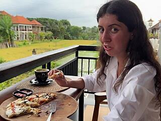 Eating pizza with cum covering my face in a public cafe adventure 🍕💦