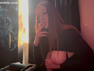 Hot horny milf artemisia love flaunts big boobs in smoking fetish display