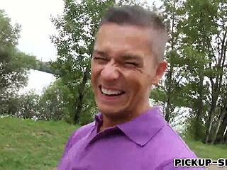 Whoa, this slim eurobabe is sucking two cocks and getting banged hard in public outdoor group action!