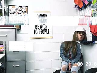 Bratty shoplifter caught in office gets no mercy with clothes ripped by old guard