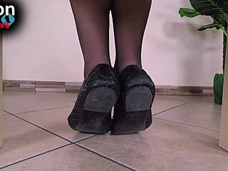 Intense bondage under desk with sexy teen feet bound in nylons