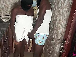 kitchen assistant bends over for erotic missionary fuck with monster cock oiled up and fingering big tits