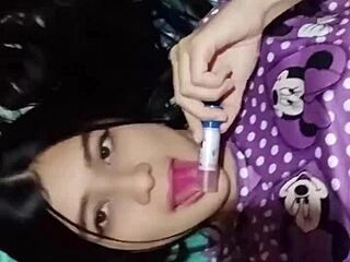 The horny Latina neighbor enters and sees her white neighbor masturbating with toys in bed