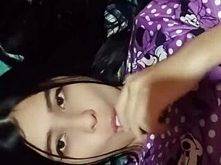 The horny Latina neighbor enters and sees her white neighbor masturbating with toys in bed