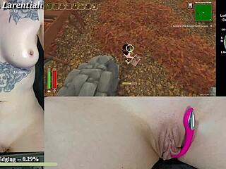 twitch egirl with tattoos plays tropical monster girls vibrator game dripping wet with huge creampie close up on shaved pussy lips