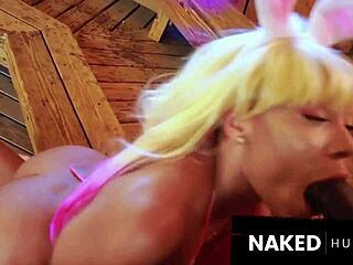 blonde bunny baddie takes two big black cocks in public gazebo.