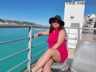 the milf flashing in a public place and remembers her vacation with a guy