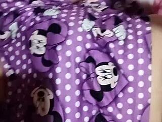 The horny Latina neighbor enters and sees her white neighbor masturbating with toys in bed