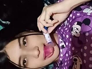 The horny Latina neighbor enters and sees her white neighbor masturbating with toys in bed