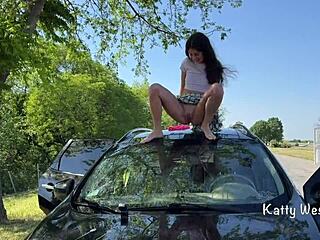 crazy girl pees on car roof to clean windshield 😂🚗