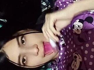 The horny Latina neighbor enters and sees her white neighbor masturbating with toys in bed