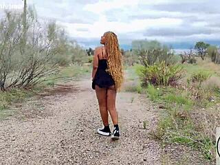 Cute ebony teen with big ass and tits walks in upskirt sneakers for first time thrill