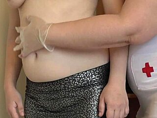 A nurse helps a lesbian in early pregnancy with orgasm problems using fisting in medical gloves