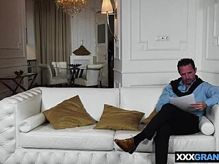 Skinny inked blonde teen Lulu Love fucks old guy cock doggystyle for job.