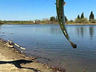 Young angler girl hints at fishing after school in forest with tight petite body.