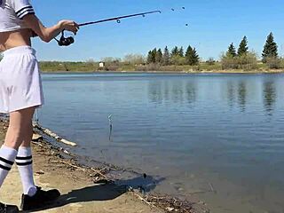 Young angler girl hints at fishing after school in forest with tight petite body.