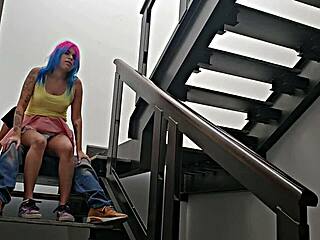 Mexican latina gets quick doggystyle in public outdoor stairs almost discovered.