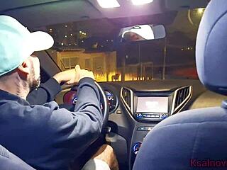 Casada Teases Driver With Redhead Blowjob In Car Leading To Public Street Cum In Mouth Masturbation