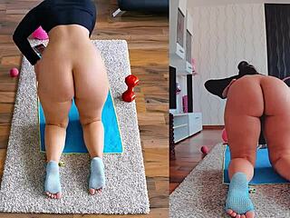 Naughty curvy milf spreads big ass naked in dual cam yoga workout