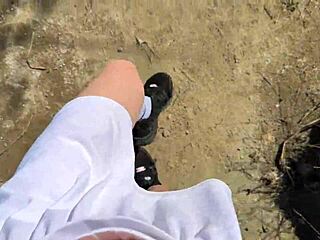 Young angler girl hints at fishing after school in forest with tight petite body.