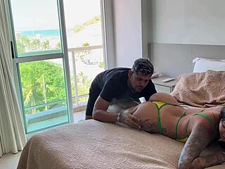 Waking up the passionate ebony tourist with sensual oral and hard passionate fucking in missionary and doggystyle positions.