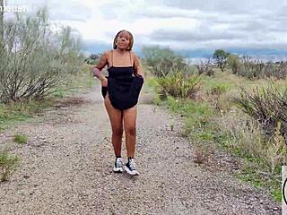 Cute ebony teen with big ass and tits walks in upskirt sneakers for first time thrill