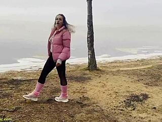 Flexible girl stretches in forest leggings before getting banged rough in public outdoor group action with small cock nympho.