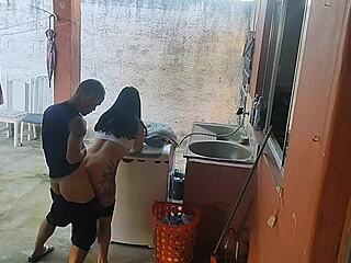 Brazilian maid cant resist my erect cock for kinky blowjob and rough pussy licking while wife is out