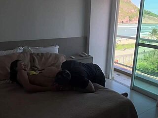 Waking up the passionate ebony tourist with sensual oral and hard passionate fucking in missionary and doggystyle positions.