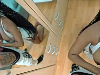 Brazilian ebony amateur strips and gets bent over for shaved pussy licking and doggystyle fucking