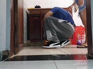 Brazilian wife in miniskirt without panties welcomes plumber neighbor for bathroom foreplay leading to big cock riding and ass worship in homemade cuckold session