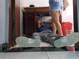 Brazilian wife in miniskirt without panties welcomes plumber neighbor for bathroom foreplay leading to big cock riding and ass worship in homemade cuckold session