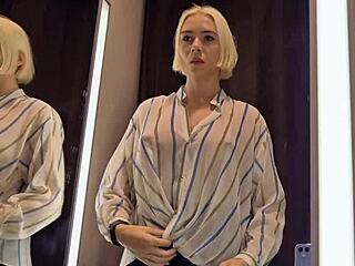 Oh man, i-i mean, those big tits in the dressing room trying on that sexy see-through outfit... wow, it's like spying on her upskirt pussy, all curvy and wet...
