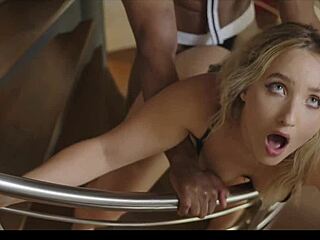 French slut starts by sucking black waiter before calling boyfriend for more intense group action