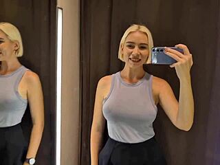 Oh man, i-i mean, those big tits in the dressing room trying on that sexy see-through outfit... wow, it's like spying on her upskirt pussy, all curvy and wet...