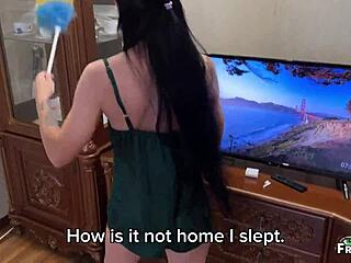 Stepmom Cleaning Room Without Panties Until He Noticed and Gave Her Missionary Creampie!