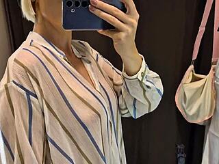 Oh man, i-i mean, those big tits in the dressing room trying on that sexy see-through outfit... wow, it's like spying on her upskirt pussy, all curvy and wet...