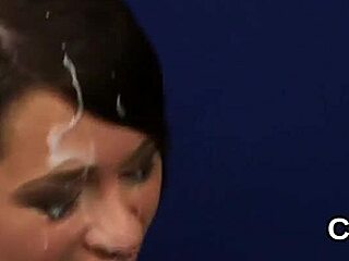 hey, you think this frisky beauty can swallow all that cumshot on her face?