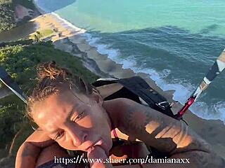 Brazilian Latina Tattooed Babe Gives Outdoor Public Blowjob on Huge Cock in the Air