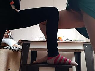 Middle aged woman masturbates with student in jeans and miniskirt